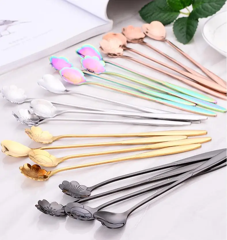 

H433 Long Handle Tea Coffee Stirring Desert Gold Plated Spoons Multi Colour Creative Flower Shape Stainless Steel Spoon