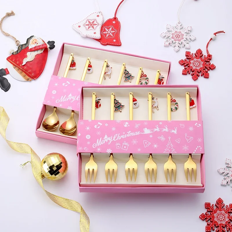 

Family Warm Christmas Gifts Spoon Fork Gold 6pcs 304 Stainless Steel Flatware Sets Cutery Set, As picture