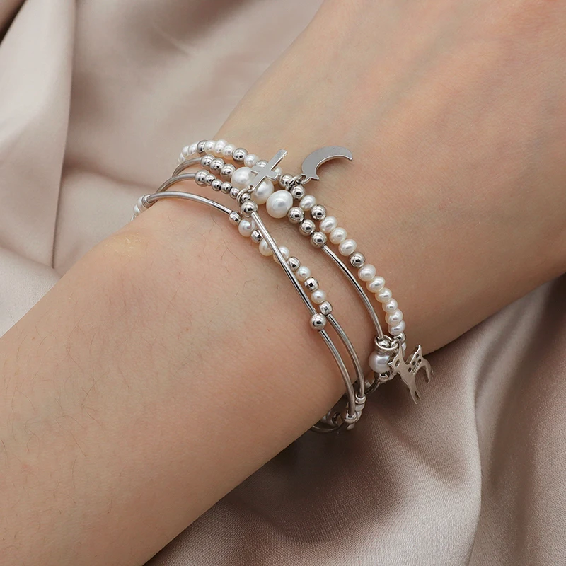

2021 trendy Euro design round natural real pearl sterling silver fresh water pearl bracelet