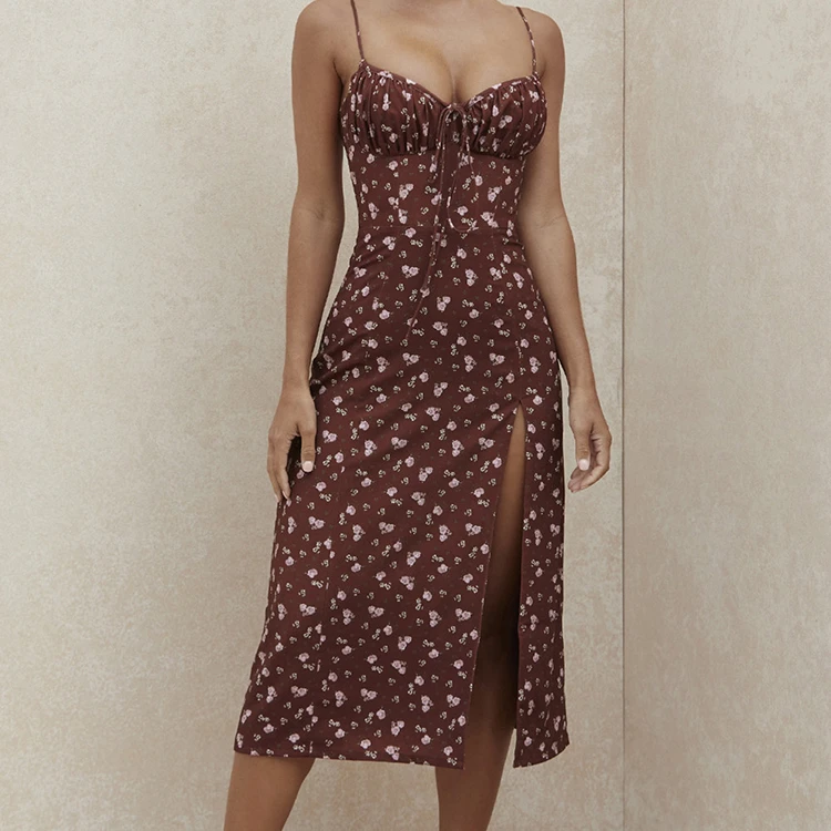 

Hot sale Straps Chest Draped Lace Up Side Split Floral Dress Women Party Dresses Women Autumn Dresses Midi Vestidos, Such as pictures
