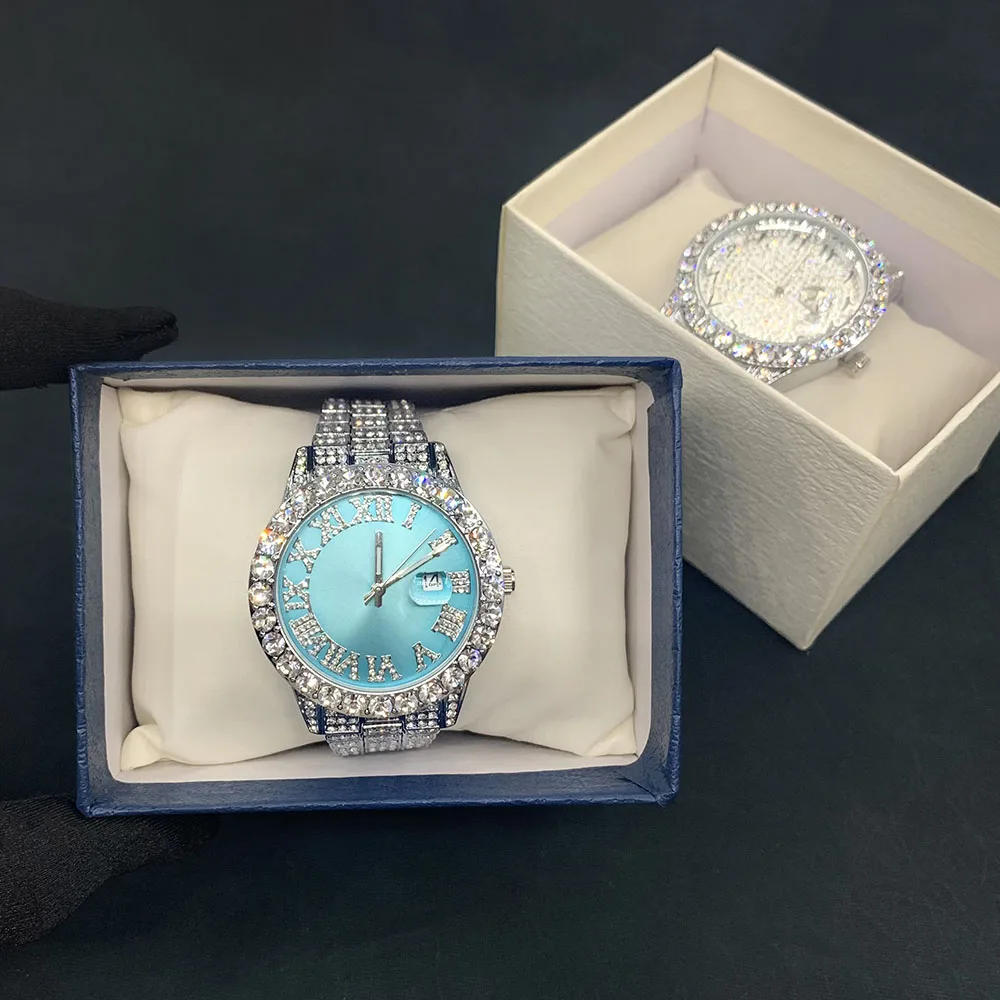 

FOXI Blues New design Japanese Quartz Movement Blue Arabic Number Dial full crystal Diamond Luxury men wrist watch