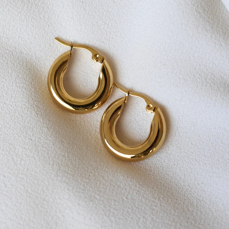 

18K Gold Plated Minimalist Women Jewelry 316L Stainless Steel Hypoallergenic Chunky Thick Hoop Earrings, Gold color