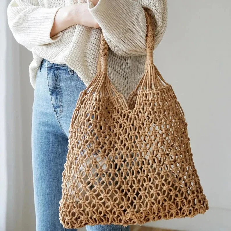 

Boho Macrame Crochet Cotton Rope Hollow Straw Summer Beach Handbag for Bridesmaid Tote Bag and Bachelorette Party Gift