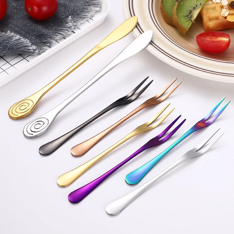 

Wholesale Custom Eco Friendly Fruit Fork Knife Metal Titanium Stainless Steel Salad Fruit Fork