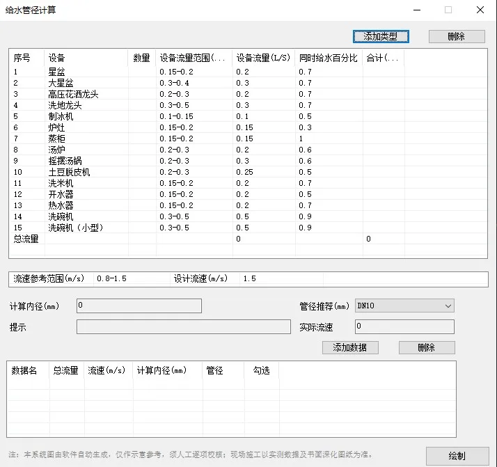 给水管径自动计算界面