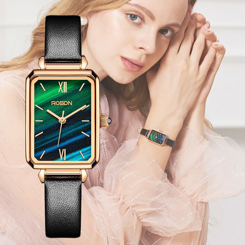

Rosdn Watch Female Ins Style Luxury Green Square Ladies Leather Fashion Watch