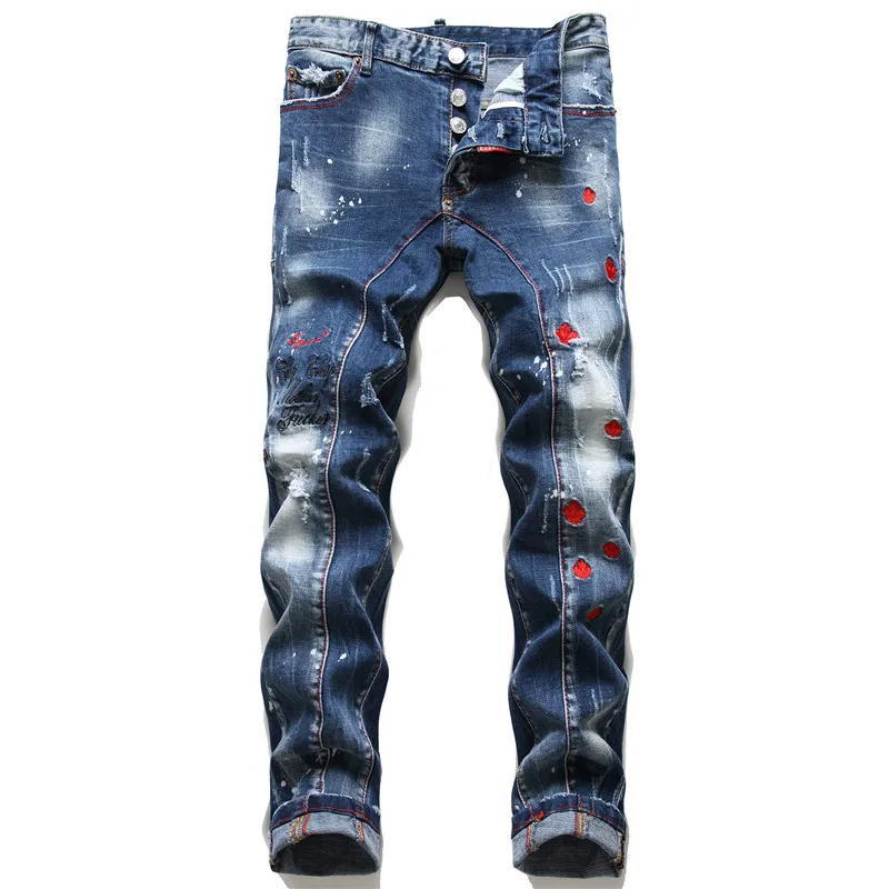 

New European and American design skinny jeans for men,ripped jeans Men's,New Stylish Splashing Ink Printed Frayed Ripped Jeans, As pictuer's showing