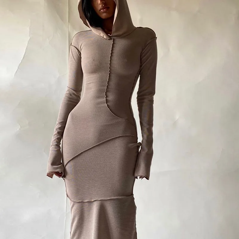 

2021 Fashion Fall Women Clothing Trendy Ladies Casual Stylish Sexy Bodycon Hooded Collar Maxi Dress Long Sleeve Long Dress, Khaki