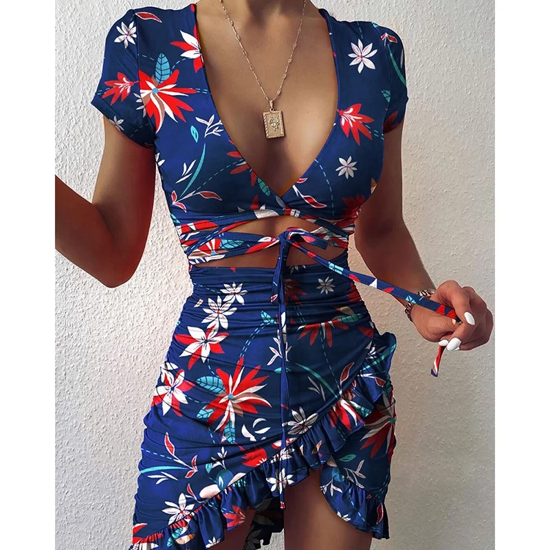 

High Quality Classy Draped Women Fashionable Dress Gypsy Night Club Floral Women Summer Dresses 2021