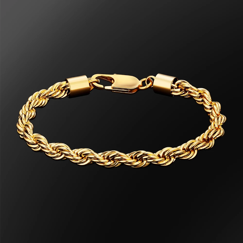 MEN Hip Hop Rope Link Chain PVD 18K Real Gold Plated Stainless Steel Jewelry 6MM Thick Woven Twisted Rope Bracelet for Women