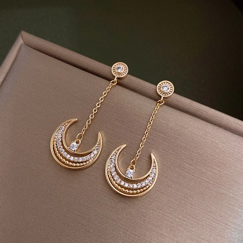 

new statement crystal drop moon earrings gold