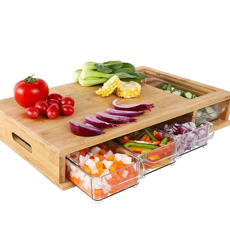 

Bamboo chopping board with tray drawer charcuterie Platter cutting board with container, Natural bamboo color