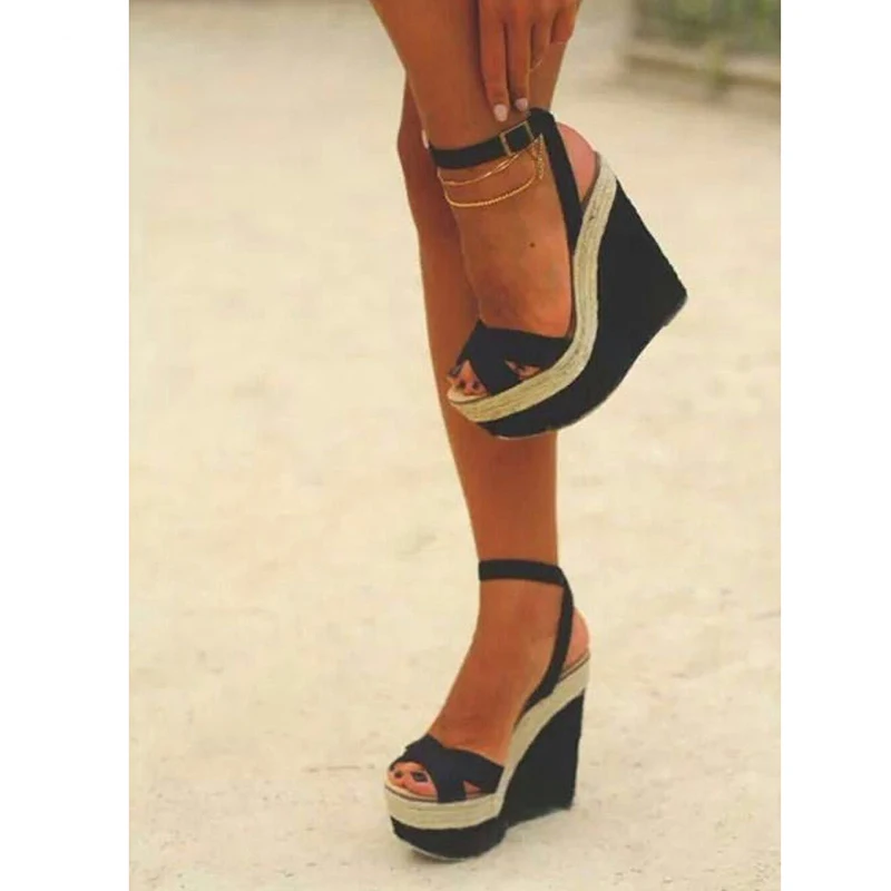 

NEW 2021 Rome Flock Wedges Sandals Women Buckle Strap Wedges High Heels Shoes Women PU Open Round Toe Black Wedding Casual Solid