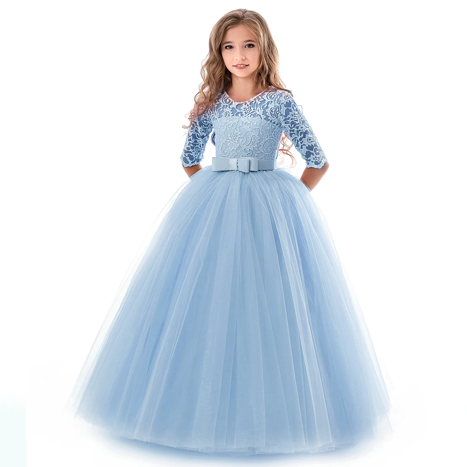 

Tulle Lace Applique Long 12 Years Old Girls Wedding Dresses Flower Long Sleeve Teenage birthday dress for 11 years girl