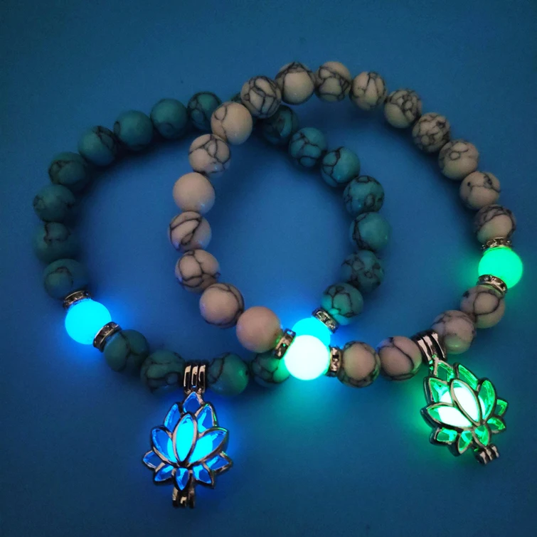 

New Natural Stones Luminous Glowing In The Dark Lotus Flower Shaped Charm Bracelet For Women Yoga Prayer Buddhism Jewelry, 6 colors