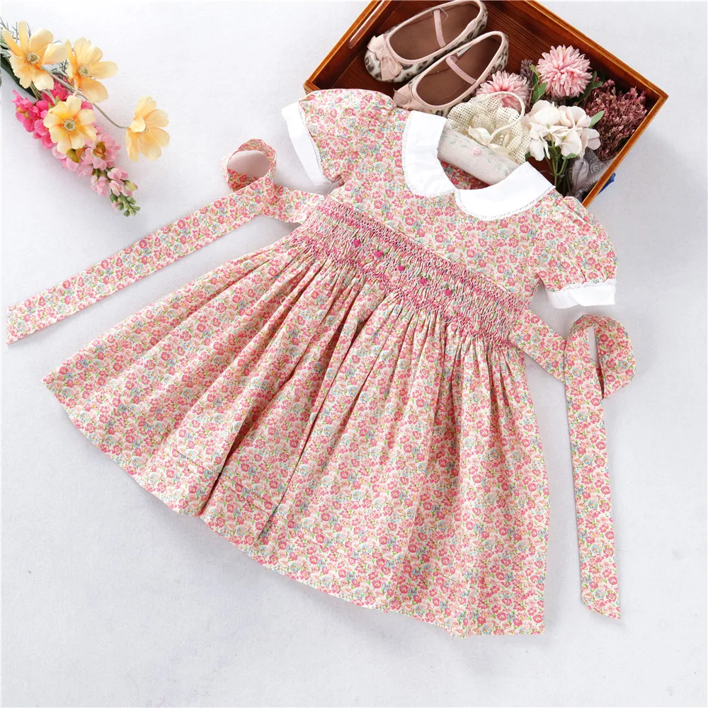 

H032063 summer kids clothes pink little baby girls dresses hand made smocked cotton children's clothes