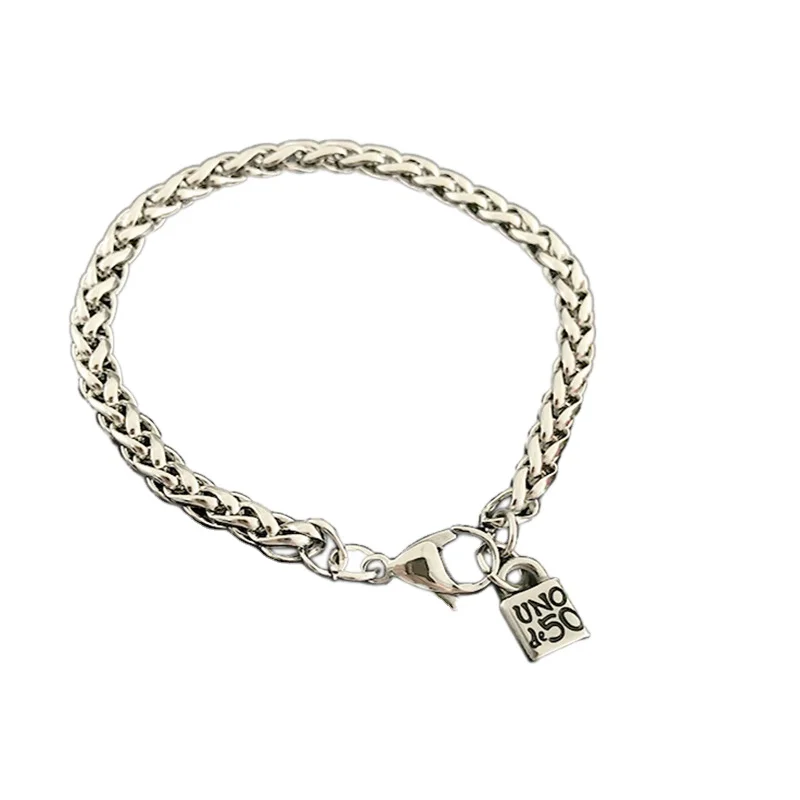 

Factory Outlet Stainless Steel Silver Braided Curb Link Lobster Clasp 6MM Wheat Rope Chain Bracelet with Lock Charms