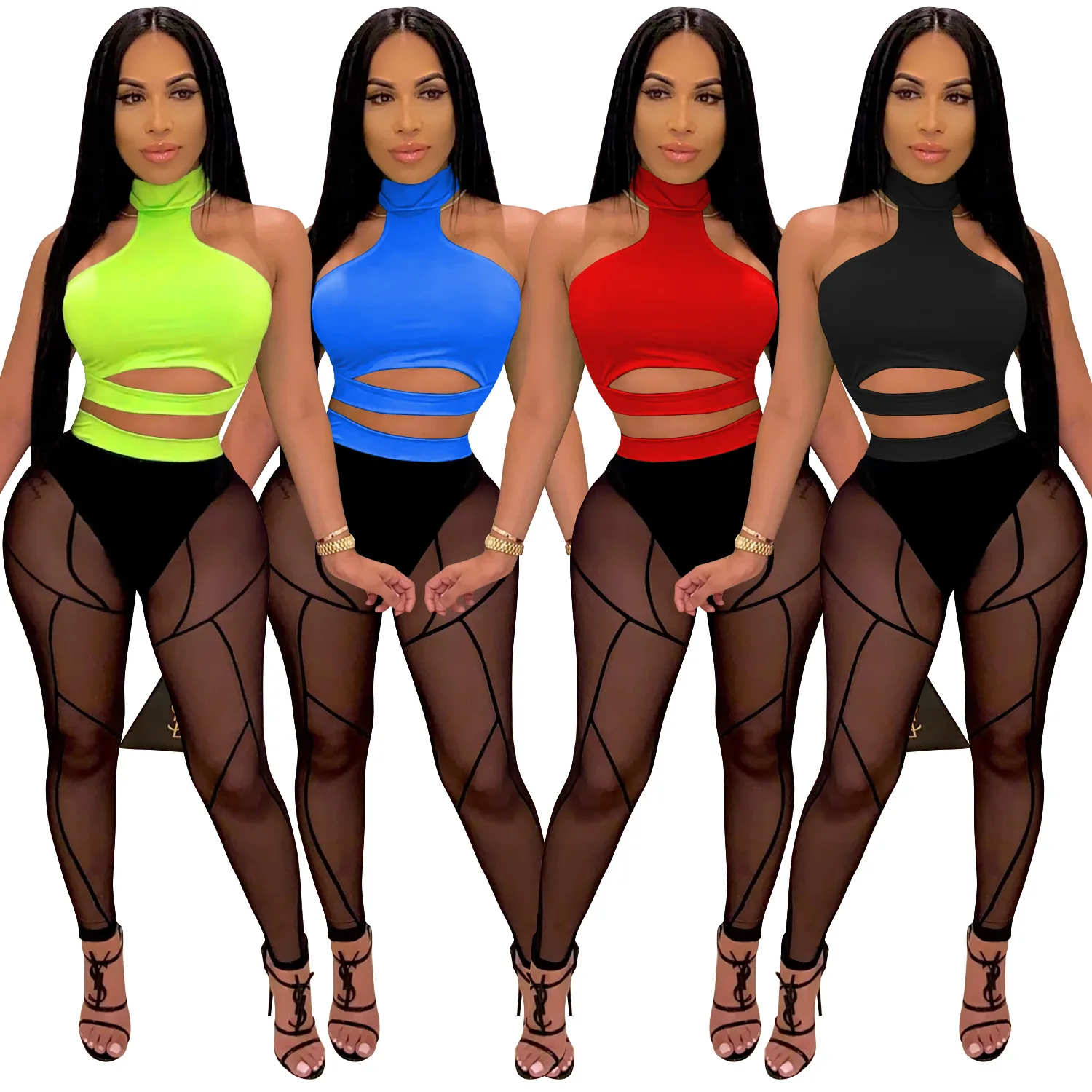 

Two Piece Set Woman Clothing Sexy Club crop top See Through pants Fashion Clothing For Women two piece set