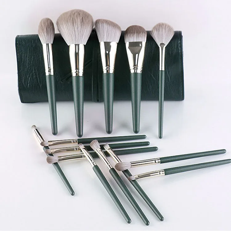 

Custom Logo Private Label Makeup Brush Sets With Bag Foundation 14pcs Green Eyebrow Makeup Brushes Nylon Hair Pincel Maquiagem