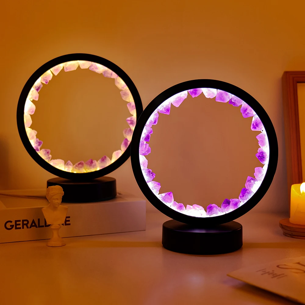 

DIY Natural crystal handicrafts Crystal round lamp amethyst Healing stone citrine night light for home decoration