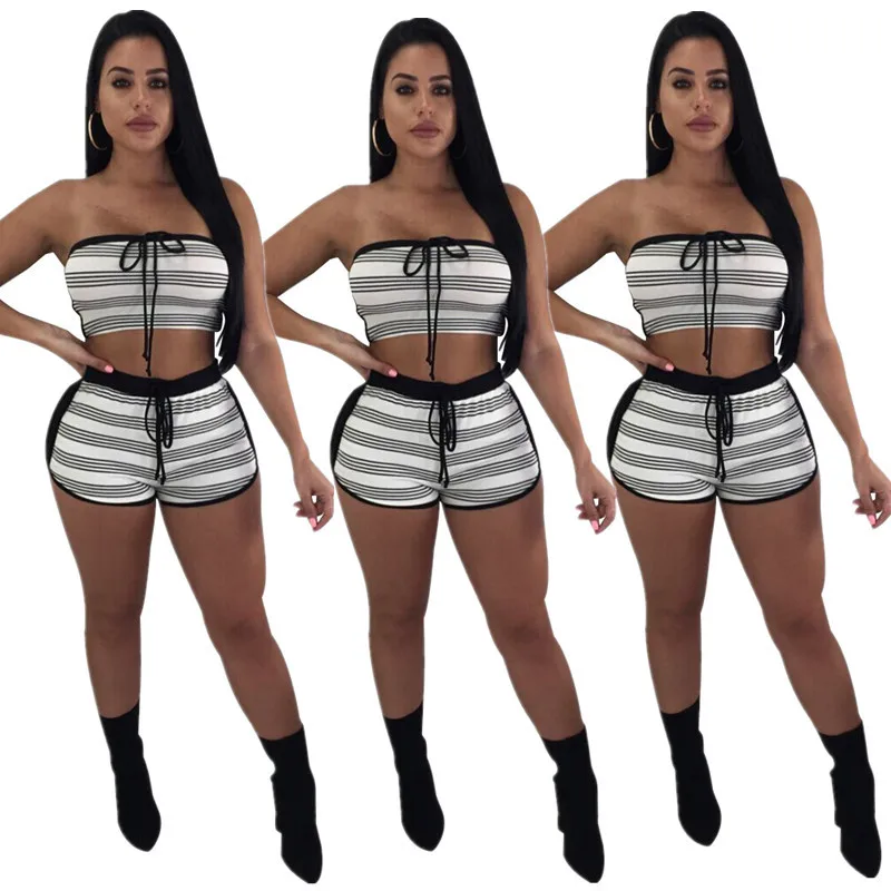 

Sexy Striped Sleeveless Crop Top Two piece Tube Top Tie Shorts Set