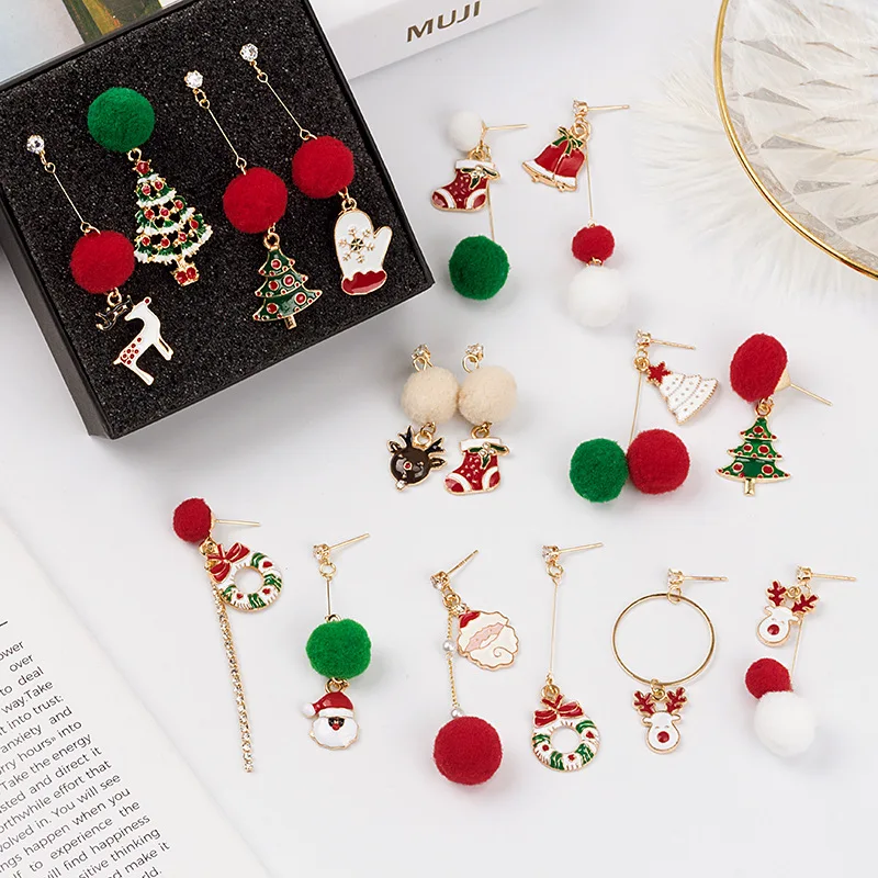 

2021 Wholesale 925 Sterling Silver Needles Earrings Asymmetric Christmas Tree Stocking Drop Earring with flur ball for Women