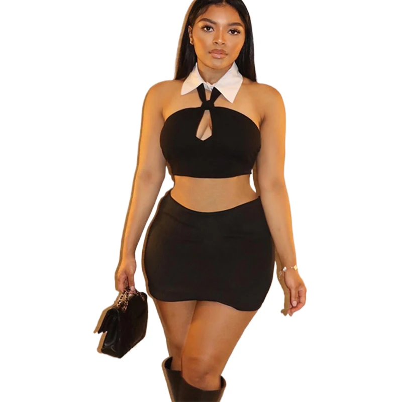 

Liu Ming New Fashion Women Y2K Clothes 2 Piece Sleeveless Backless Crop Top High Waist Hollow Mini Skirt Set