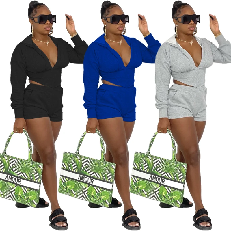 

Solid 2 Piece Fall Set Women Fashion Sexy Deep v-Neck 2 Piece Jogger Fitness Set Hoodies And Sweat Pants Set, As picture