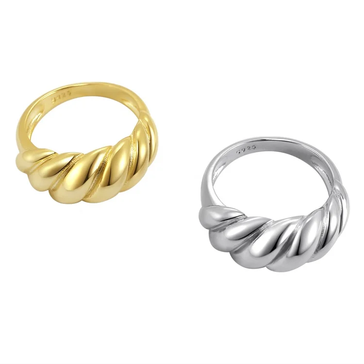 

Wholesale 100% 925 Sterling Silver Jewelry 18K Gold Plated Twist Pinky Croissant Dome Ring for Women Girls