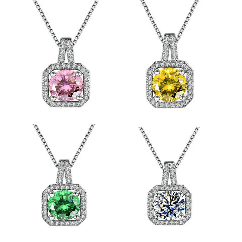 

dainty green diamond silver square moissanite pendant necklace for women, Sliver