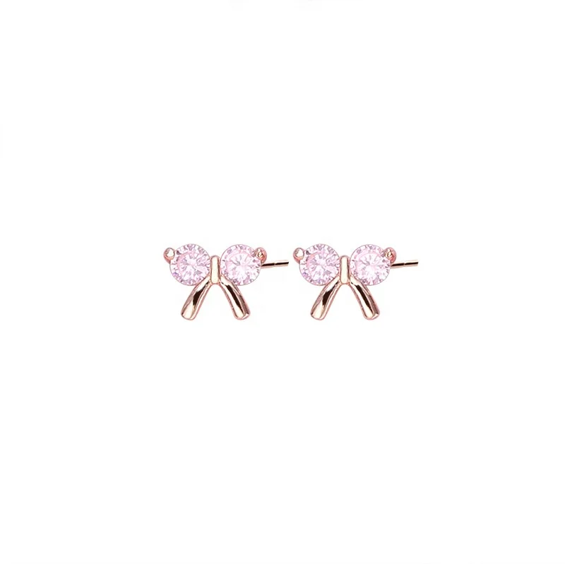 

High Quality Zircon Jewelry Plated Rose Gold Charm Mini 925 Sterling Silver Bow Earring, White,gold,rose gold