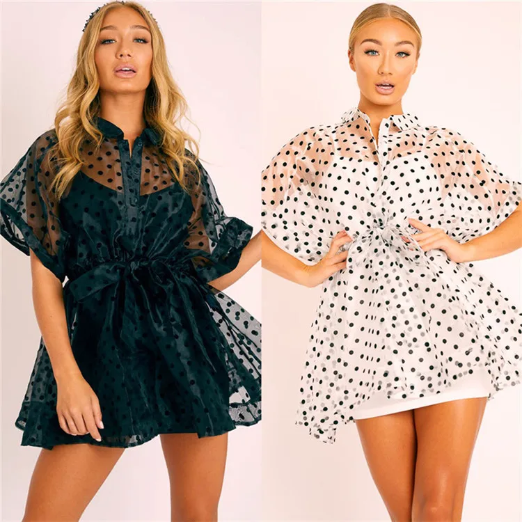 

Sexy Women See Through bikini blouse Mesh Sheer Dress Tulle Lace Dot Print Dress High Waist Beach Dress