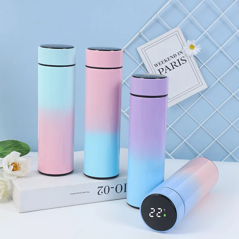

500ml Double Wall Insulated Stainless Steel Smart Water Bottle With Led Temperature Display Thermo Tumbler Cups, Gradient pink, gradient green, gradient purple, gradient blue