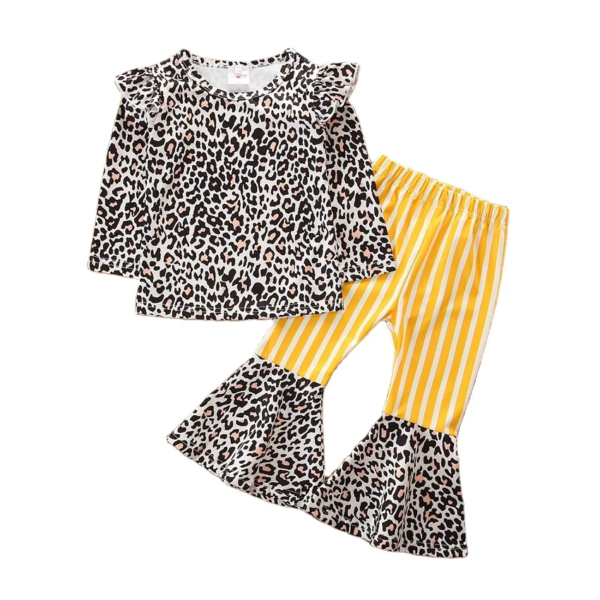 

new girls suit leopard printed long sleeve T-shirt and flared pants 2-piece set for children, As picture