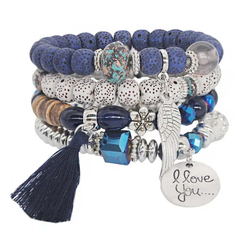 

Wholesale Crystal Cat Eye Stone Multi Layer Charm Beads Tassel Bracelets for Women, As pic