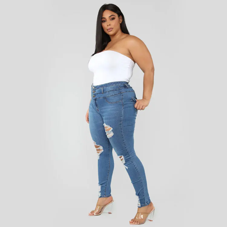 

Hot Sale Ladies Denim Pants High Waist Ripped Plus Size Jeans plus size jeans pants for women