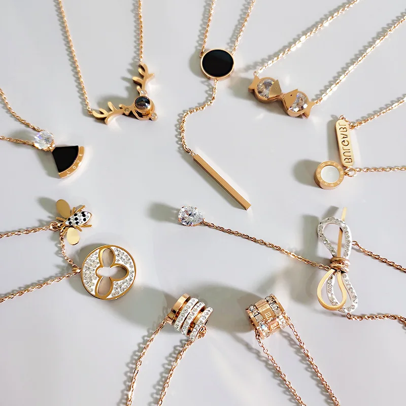 

CLARMER 2020 new Korean design simple exquisite geometric bee letter moon star zircon stainless steel necklace for women, As show