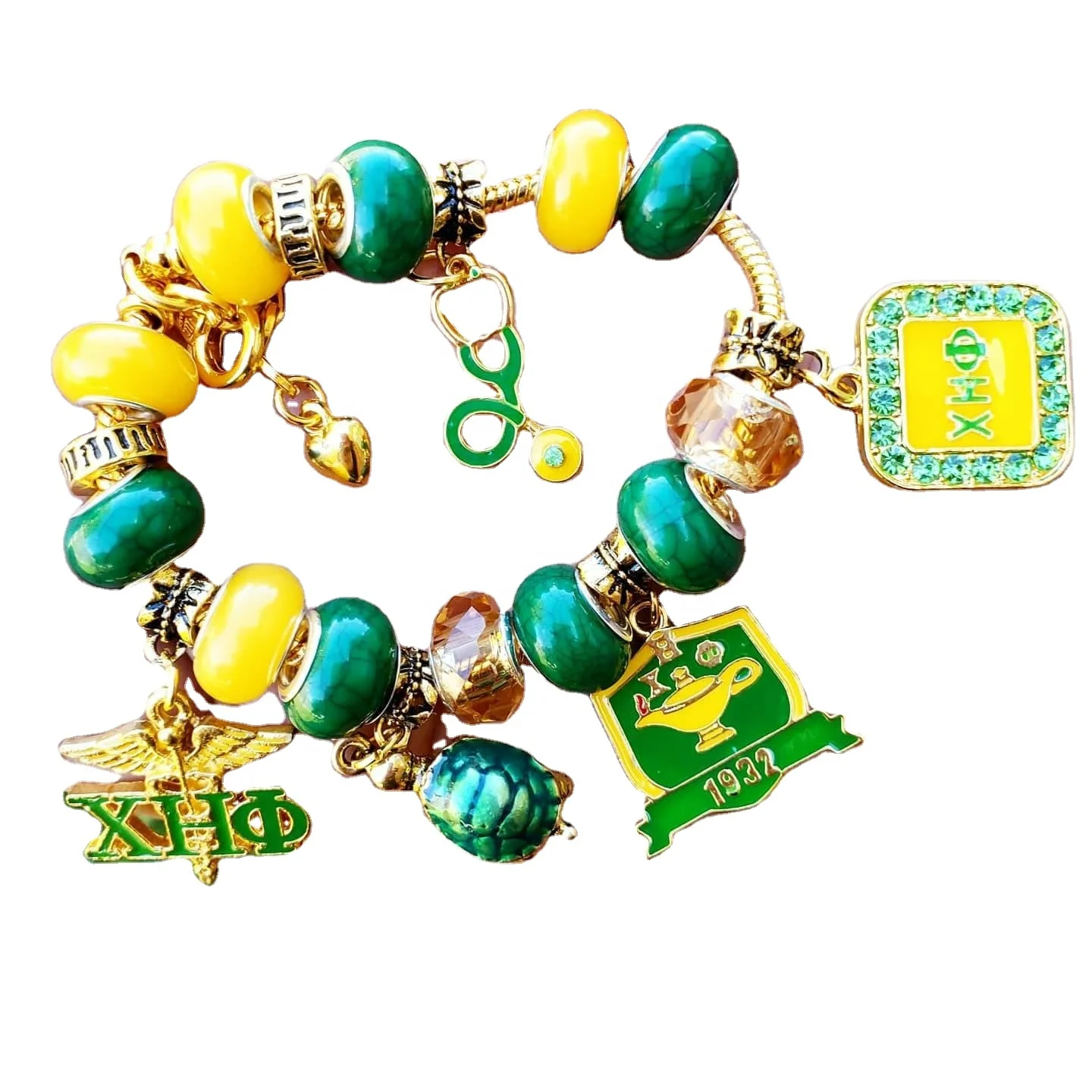 

Gold & Green Chi Eta Phi Custom luxurious Gift Charm Bracelets Sorority customize bracelet