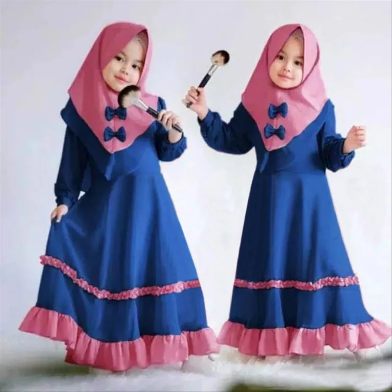 

Girl Muslim Ethnic Long-Sleeved Dress + Turban Two-Piece Kids Islamic Clothing, As show