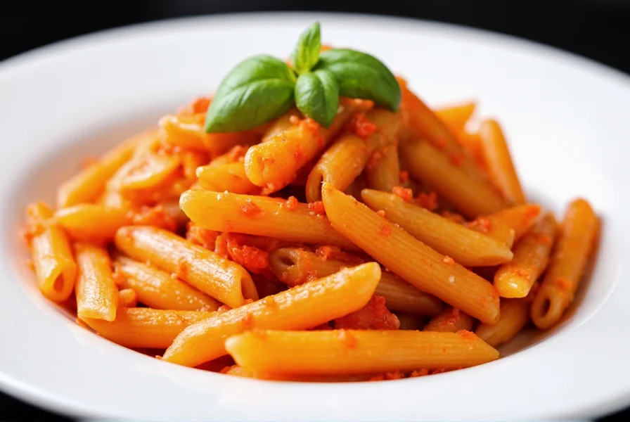Penne pasta tossed in vibrant red pepper sauce with fresh basil garnish on white plate