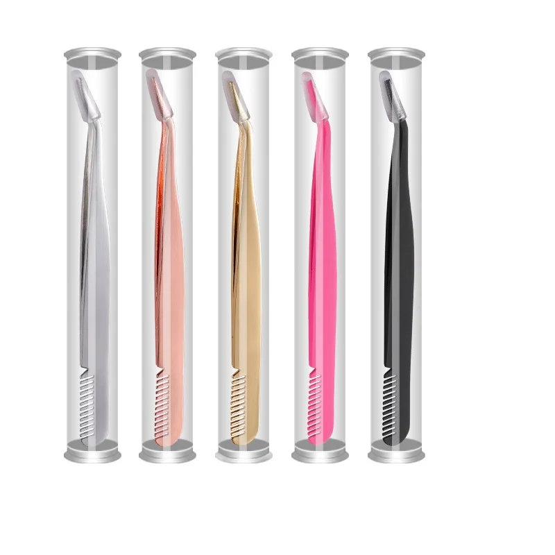 

private label two head eyelash tweezers applicator with comb with plastic tube case package