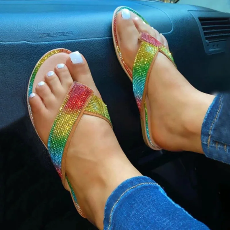 

2021 Summer new style cross rhinestone flip flops women European and American large size flat beach sandals and slippers, Pictures