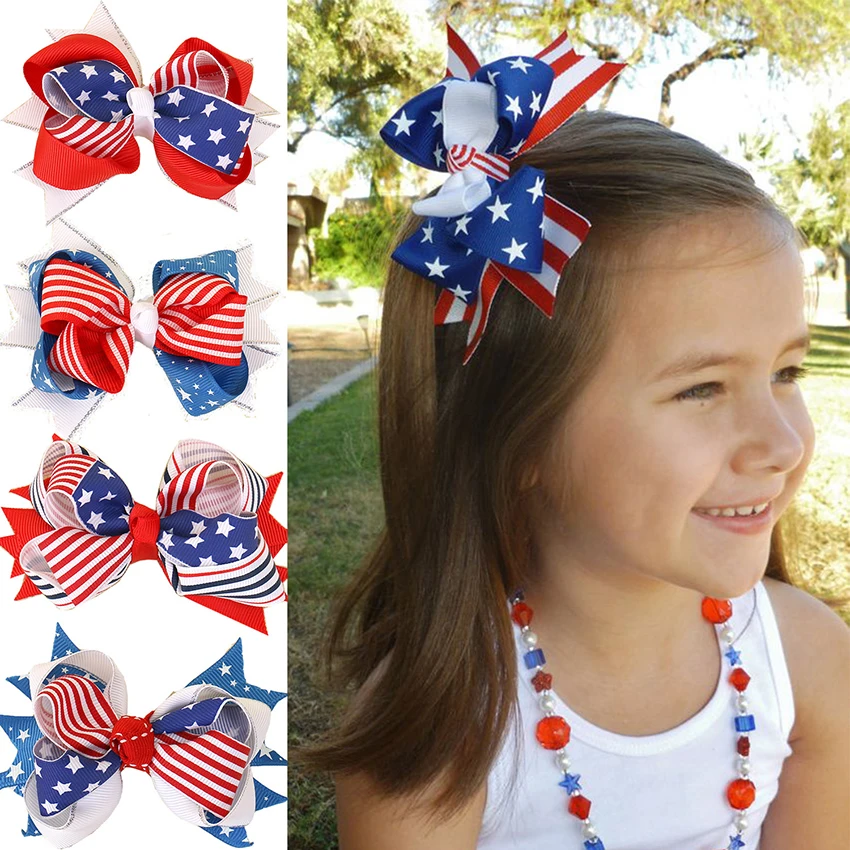 

2021 New arrival beauty girls party bow clips hair accessories 4th of july hair bows