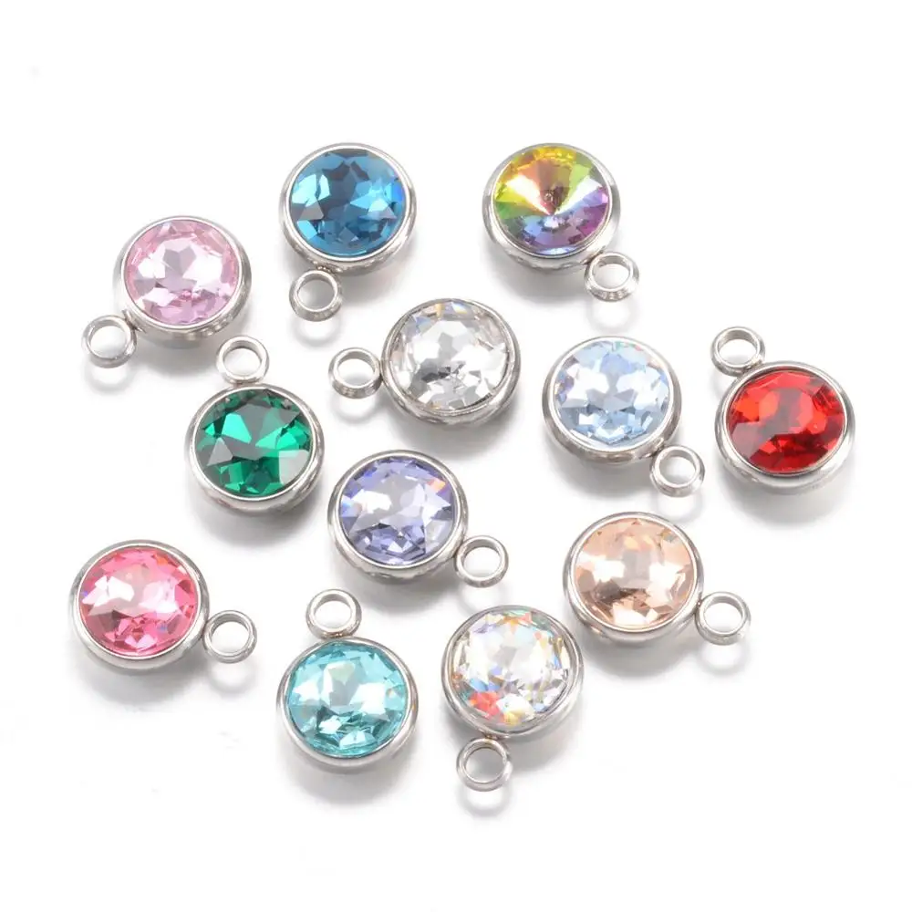 

Pandahall 304 Stainless Steel Faceted Flat Round Glass Rhinestone Charms, Mixed color