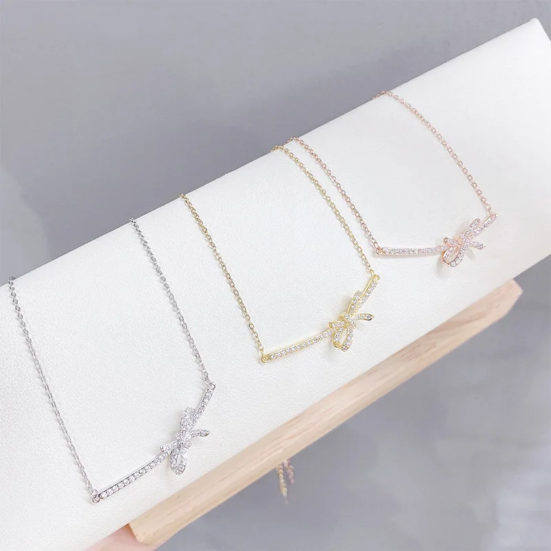 

Simple Real Gold Plated CZ Cubic Zirconia Butterfly Knot Pendant Necklace Rose Gold Crystal Bowknot Pendant Necklace, Picture color