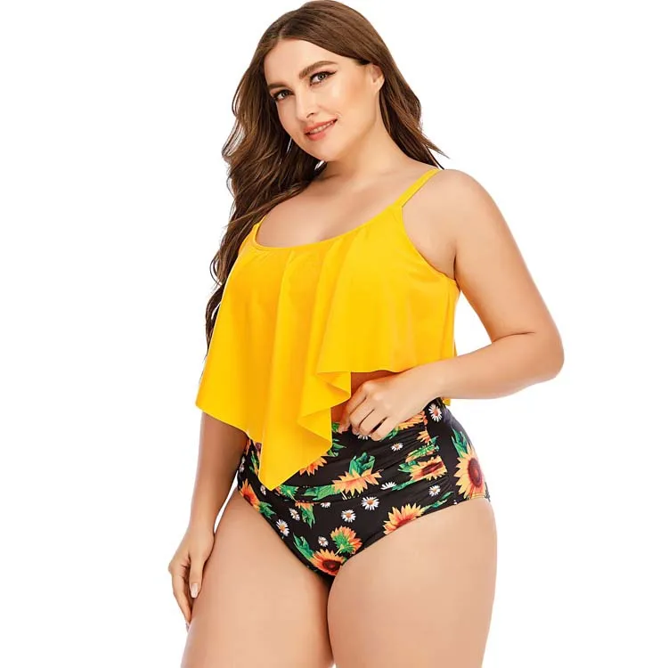 

2021 Fashion Custom Wholesale Ladies Lotus Leaf Ruffle Printed Swimwear Bikini Two Pieces Swimming Suit for Women