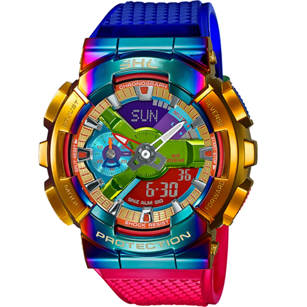 

rainbow metal covered silicone band analog digital watch, Customized colors