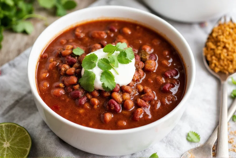 Perfect bowl of homemade chili with beans topped with fresh cilantro and sour cream