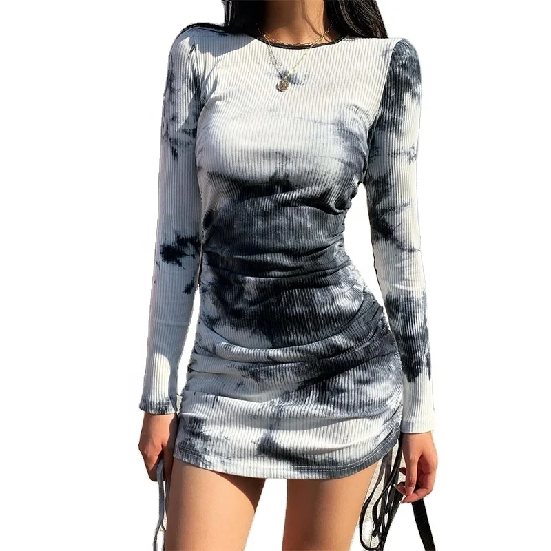 

2020 New Arrivals Fall Women Long Sleeve Sexy Night Tie Dye Bodycon Ribbed Cotton Mini Dress, Multiple color