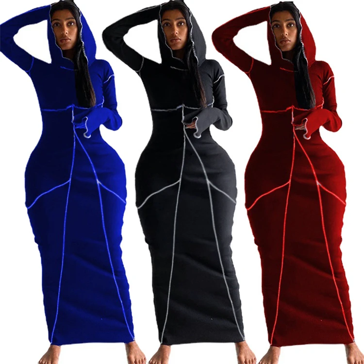 

D96012 Woman clothes 2021 trending hoodie casual dresses printed color stitching women long skirts